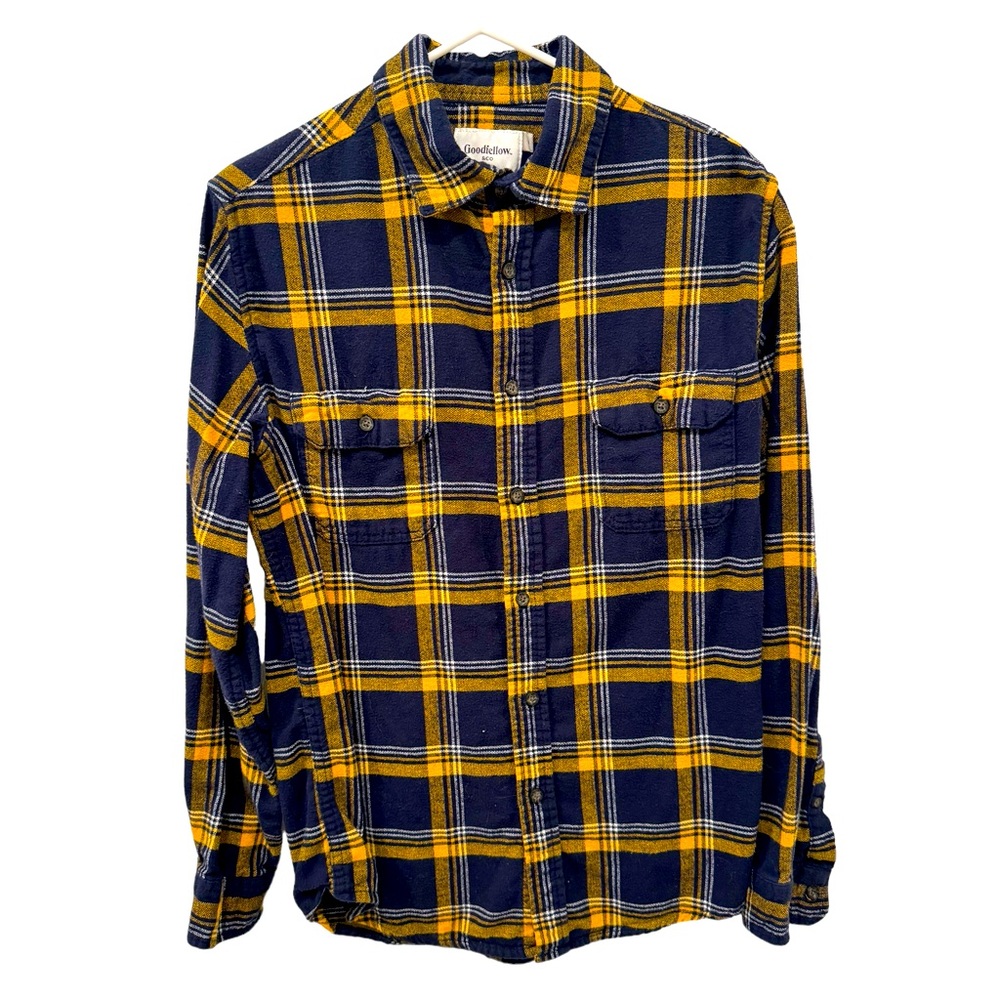 Men’s Goodfellow & Co. Navy, Yellow, And White Plaid Flannel Button Down. Size M